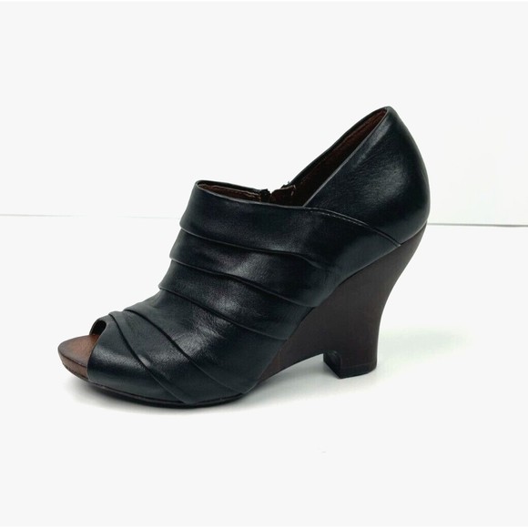 Naya Shoes - NAYA Genesis Booties Size 6.5 M Black Leather Wedge Heel Peep Toe Anthropologie